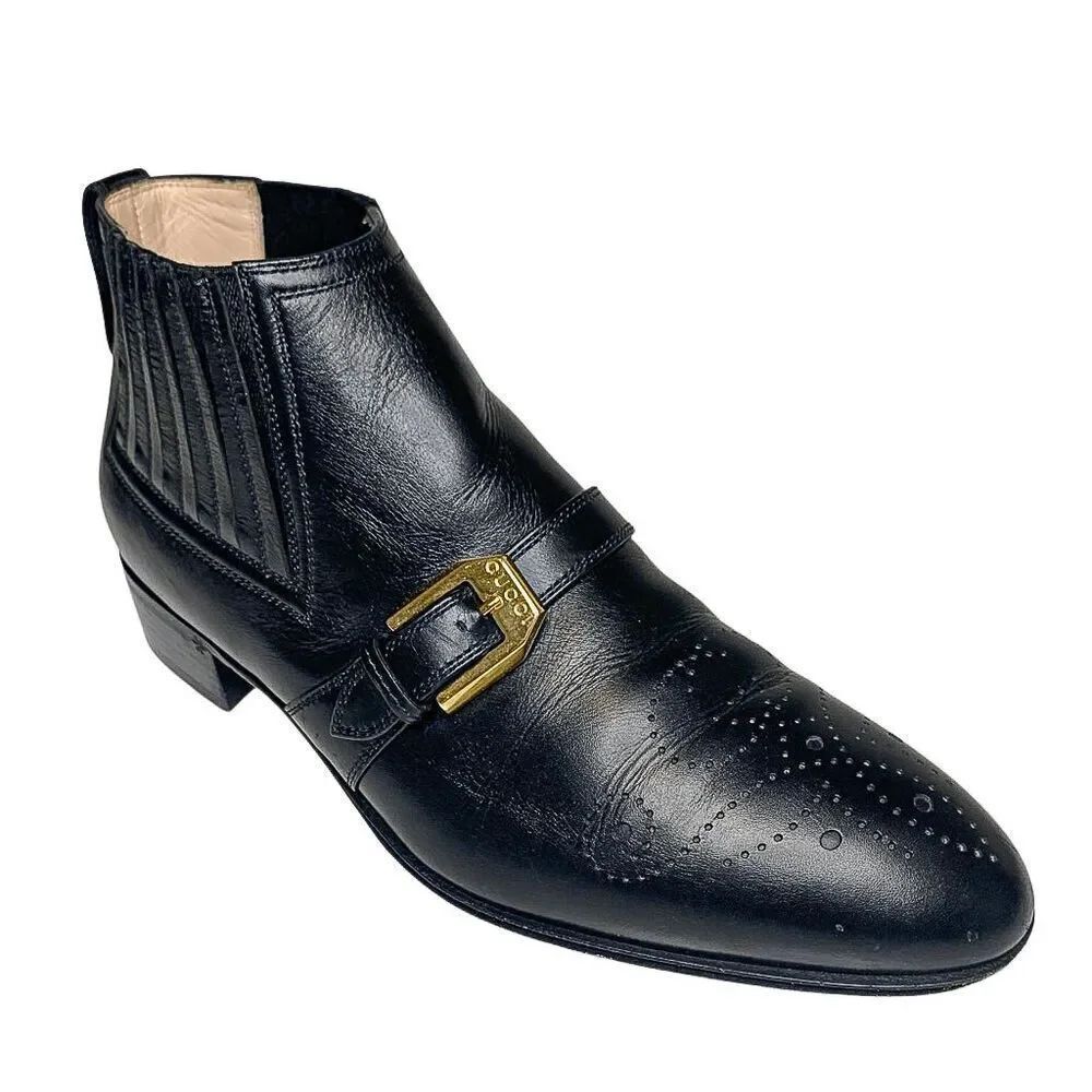 Gucci Interlocking G Logo Perforated Brogue Ankle Boot EU 37.5 US 7.5 Leather